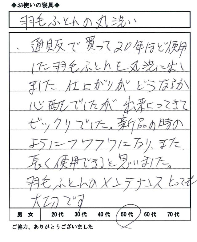 夢幸望ハヤカワ 羽毛クリーニング　お客様のよろこびの声