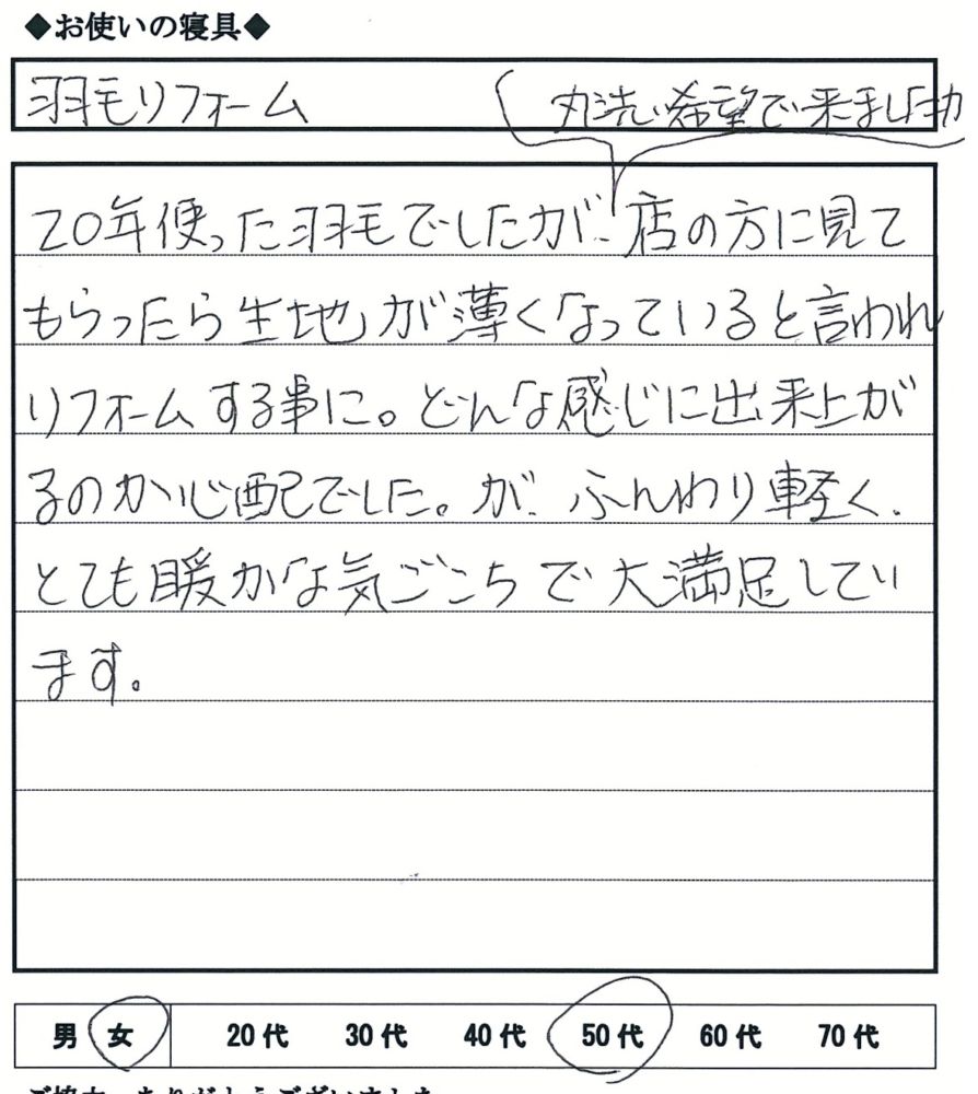 丸洗い希望でしたが、リフォームに。でも大満足です。